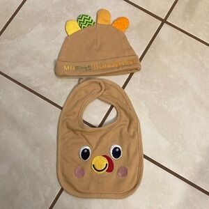 Tan Thanksgiving Baby Hat and Bib Set